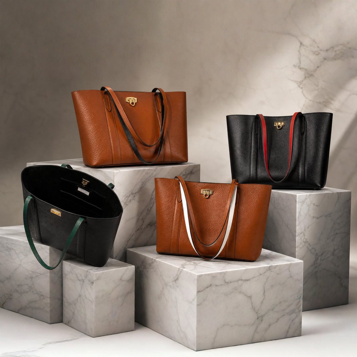Four leather handbags for women in brown and black against a neutral background