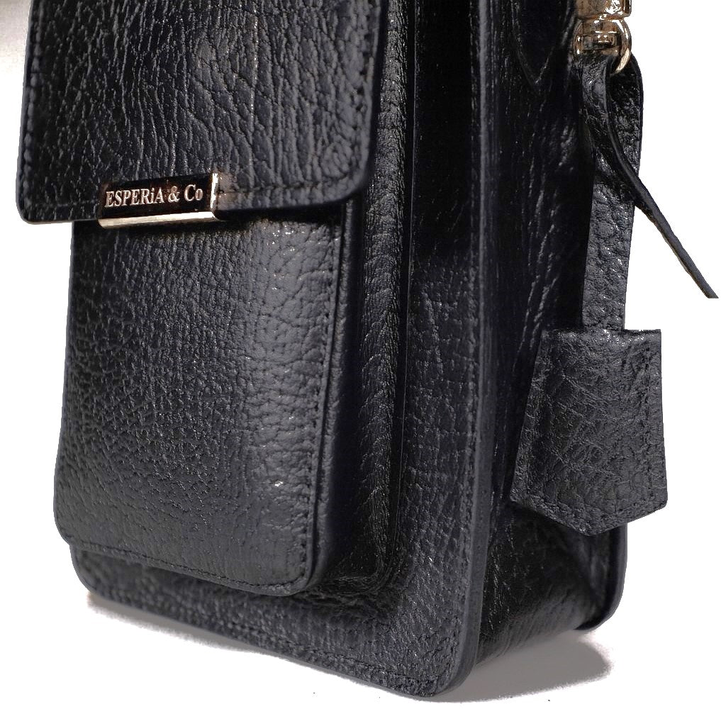 Black leather handbag with tag & 'Esperia & Co' branding