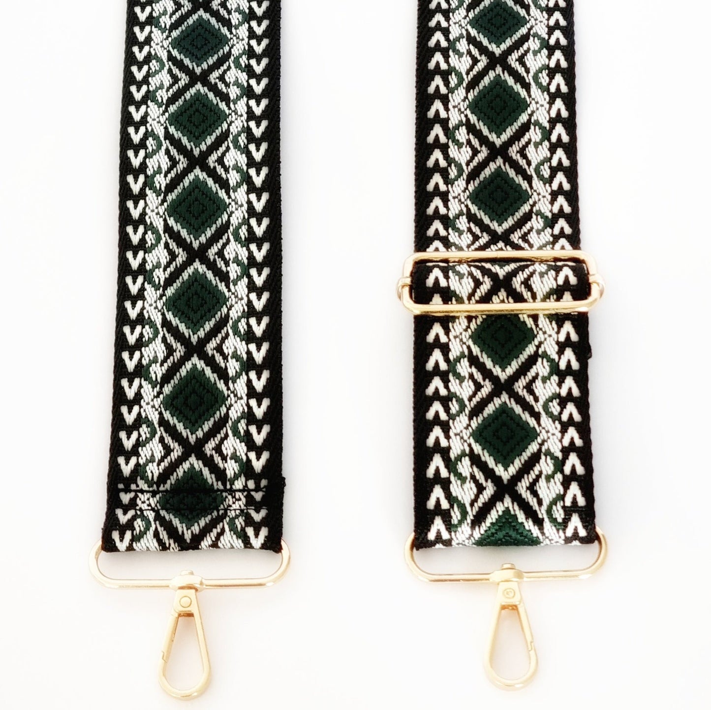 Black and green strap with golden hardware