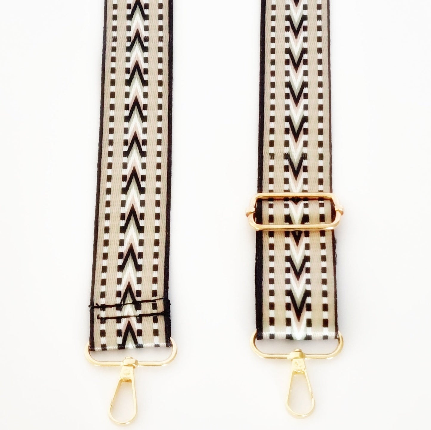 Black and platinum woven strap with gold clasp hardware for handbags