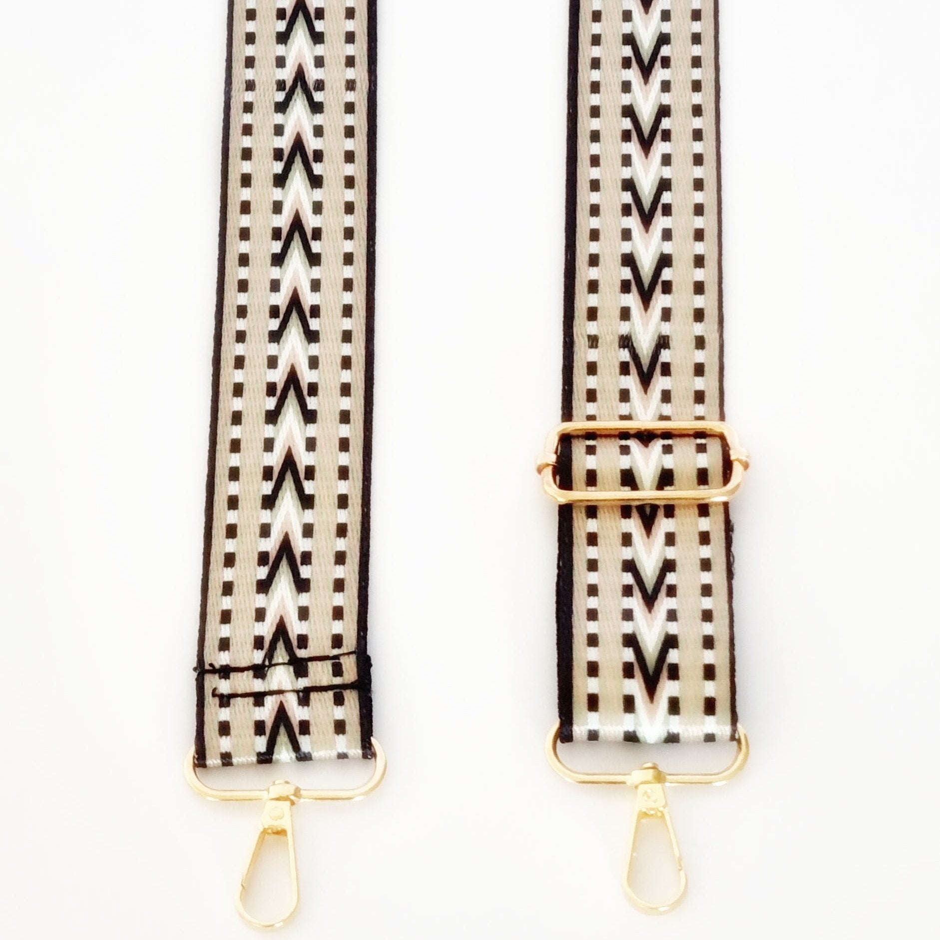 Black and platinum woven strap with gold clasp hardware for handbags