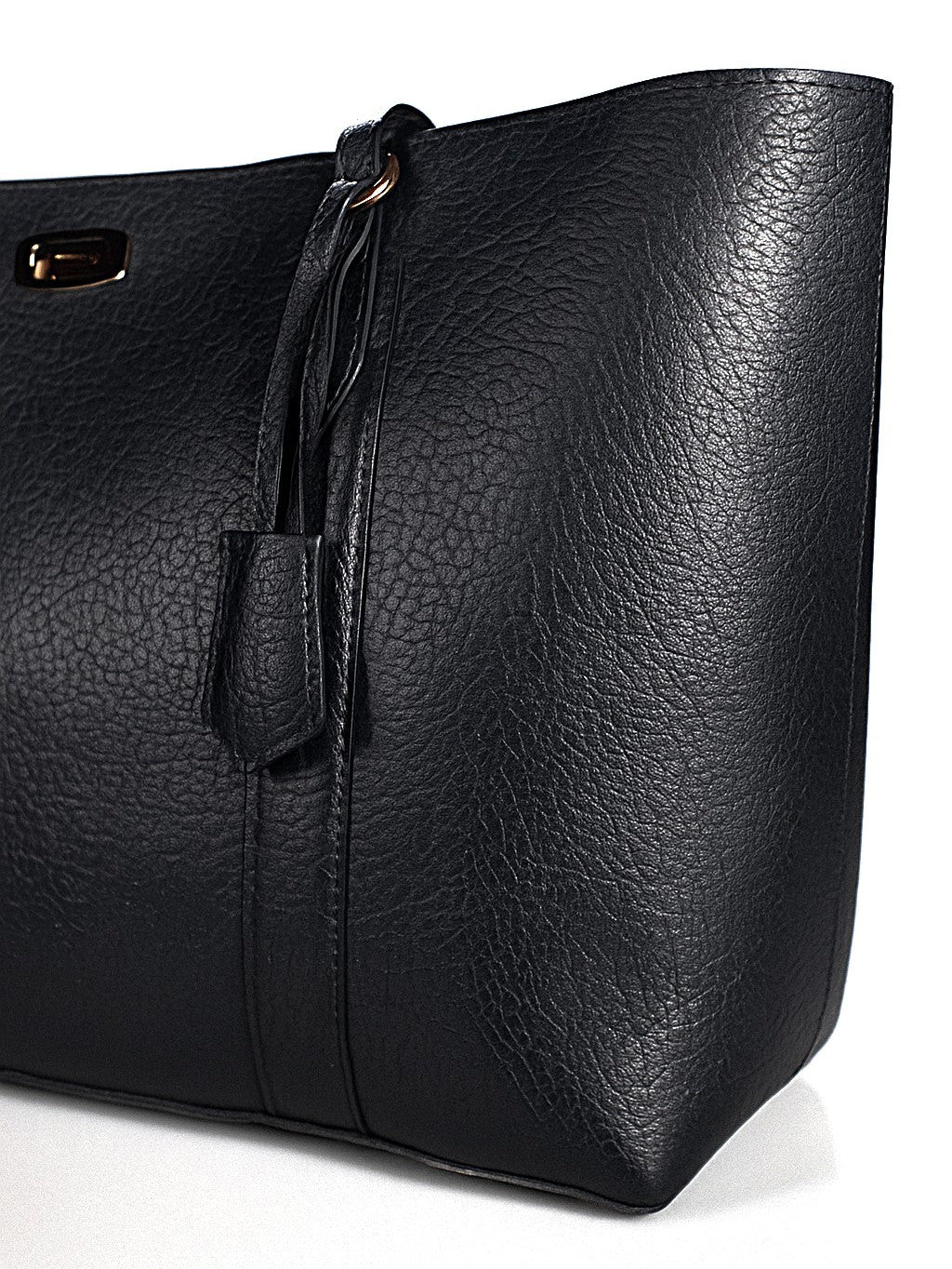 Black leather tote bag on a white background
