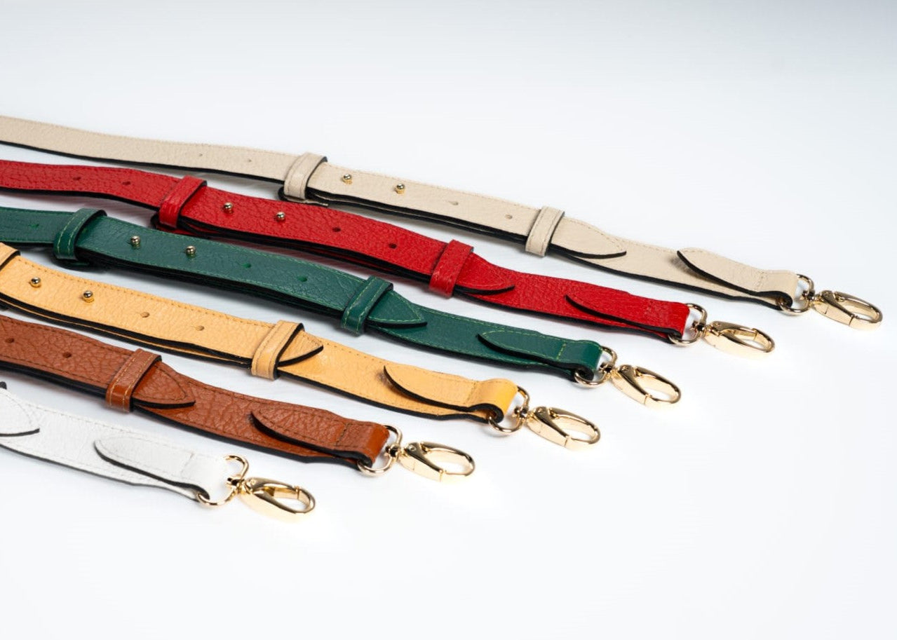 Set of colorful leather straps with gold hardware on a white background