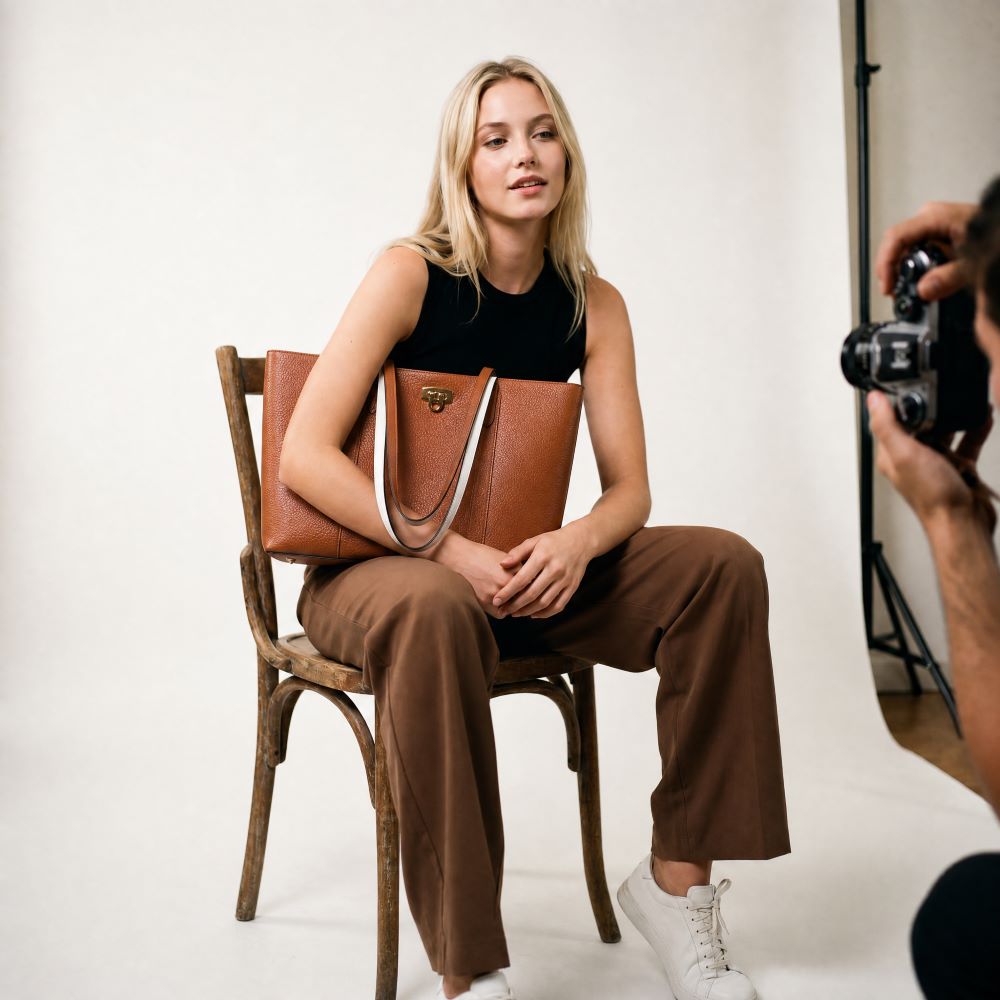 Woman holding a brown leather tote bag while being photographed on a white background
