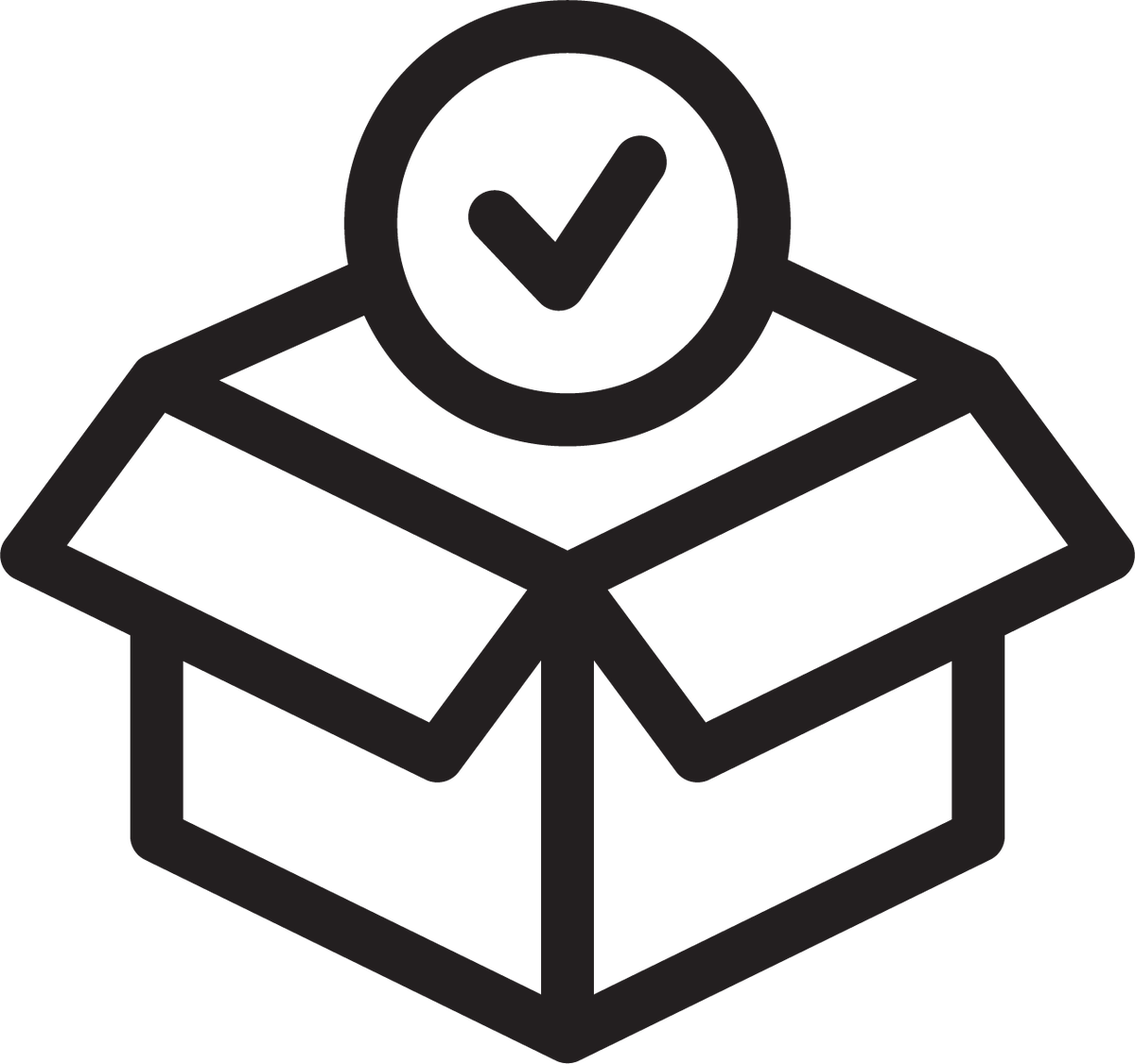 Icon of an open box with a check mark inside on a white background